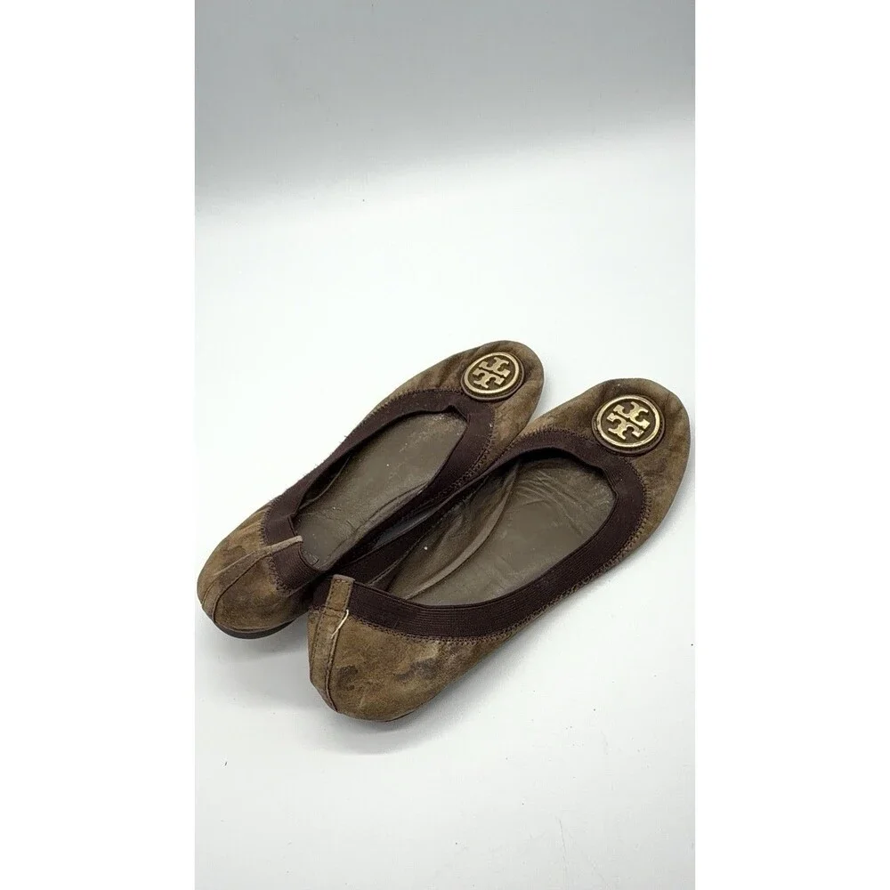 TORY BURCH Elastic Logo Caroline Suede Ballerina Ballet Flats Brown 7M